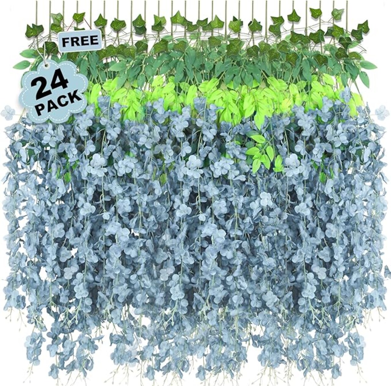 25 Pcs Artificial Wisteria Hanging Flowers 3.6ft Dusty Blue Fake Hanging Flowers Garland Silk Flowers Rattan String Faux Wisteria Vine for Wall Home Wedding Party Arch Greenery Backdrop Decor